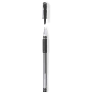 A black pen with a transparent barrel and a textured grip, featuring a clip at the top.
