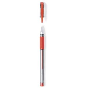 A transparent pen with a red grip and clip, featuring a silver nib and an inner red ink chamber.
