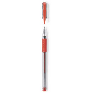 A red pen with a silver clip and detailing, featuring a clear cap. It has a smooth barrel design and a branding logo.