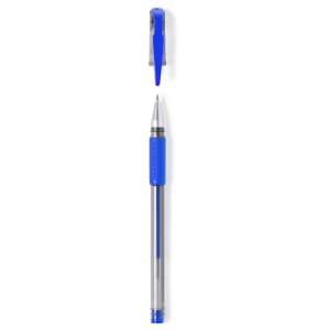 A blue pen with a transparent barrel and a matching clip at the top, featuring a silver tip.