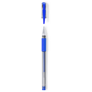 A blue pen with a transparent barrel and a blue clip, featuring a sleek design and a logo on its body.