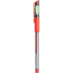 A pen with a clear barrel, red grip, and cap, featuring a logo on the body.