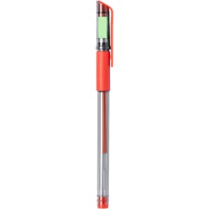 A red and clear pen with a clip and a green highlight section. It features a transparent barrel design.