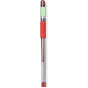 A writing pen with a clear barrel, red grip, and a green highlighter tip. It features a logo on the body.