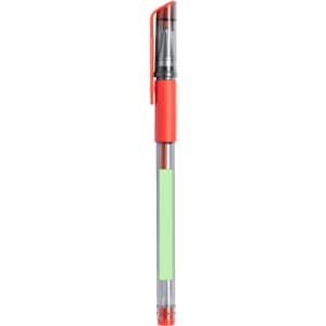 A ballpoint pen with a transparent body, red cap and grip, and a green highlight section. It features a logo on the barrel.