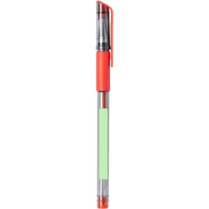 A pen with a clear body and an orange grip, featuring a green highlight. It has a clip for attachment.