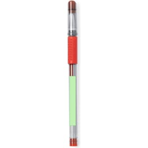 A transparent pen with a red grip and a green highlight, featuring a logo on its body.