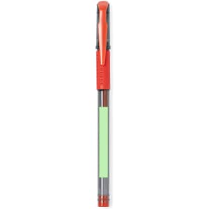 A pen with a transparent barrel, orange clip, and a green ink cartridge. Features a simple design and branding.