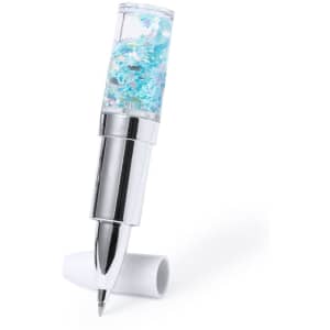 A silver pen with a clear top filled with blue and white glitter, featuring a white cap.