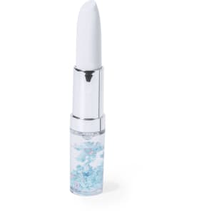 A decorative pen with a white top and a transparent body featuring blue floral designs. It has a logo on it.