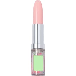 A pink lip balm in a translucent container with a silver cap, featuring a logo on the packaging.