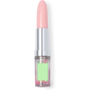 A pink bracing pen with a silver base and a clear lower section containing colourful glitter.