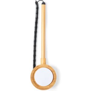A wooden pen with a circular tip and coiled cord, featuring a natural bamboo finish.