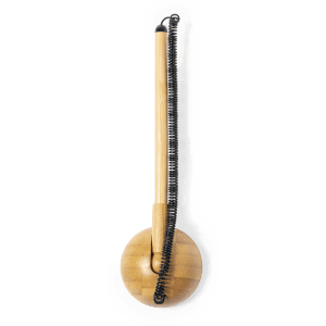 A wooden pen with a natural finish and a coiled metal clip, featuring a spherical wooden base.