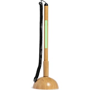 A wooden pen with a black coiled cord attached to a rounded wooden base, featuring a green stripe.