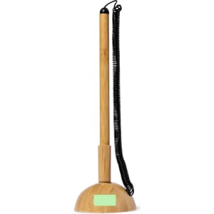 A wooden pen with a black coiled cord, set on a round bamboo base. It features a logo on the base.