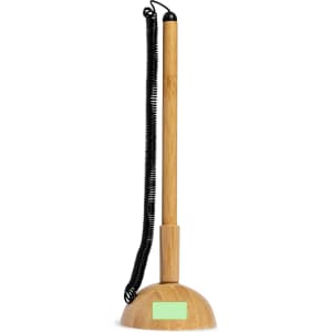 A wooden pen with a black coiled cord, standing on a round base. The pen has a natural wood finish.