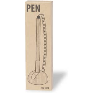 A wooden pen displayed in a box with a logo, featuring a coiled clip and a round base.