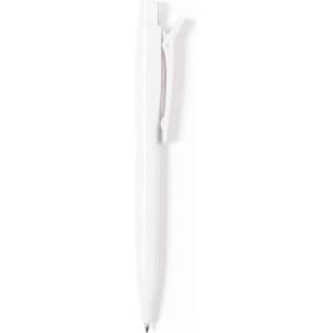 A white plastic pen with a clip, featuring a sleek design and a subtle branding logo.