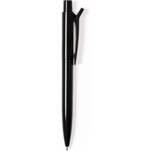 A black plastic pen with a clip, featuring a simple design and a smooth finish. It has a branding logo.
