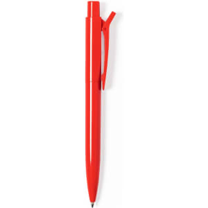 A red plastic pen with a clip feature, designed for writing. It has a simple, sleek design.