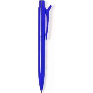 A blue plastic pen with a clip and a smooth barrel design. It features a branding logo.