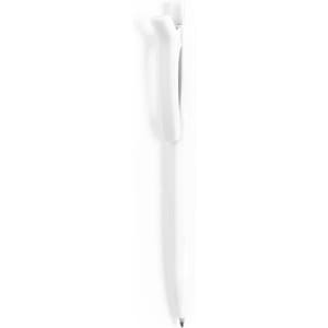 A white plastic pen with a clip and a silver tip, featuring a simple design and a logo.