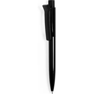 A black plastic pen with a clip and a silver tip. The pen features a smooth design and has a logo.