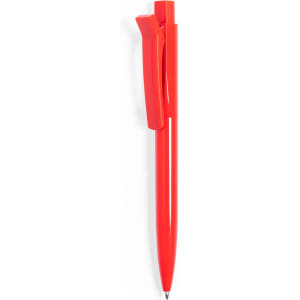 A red plastic pen with a clip and a pointed tip, featuring a logo on the body.