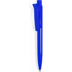 A blue plastic pen with a clip on the side. The pen has a sleek, smooth design.