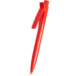 A red plastic pen with a distinctive clip design and a logo on the body.