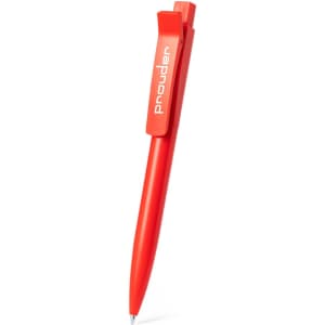 A red plastic pen with a clip and a branding logo on the side.