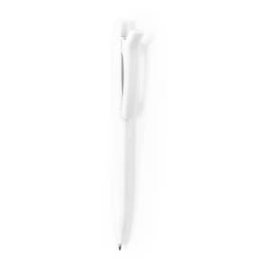 A white pen with a sleek design and a clip. It includes a branding logo on the body.