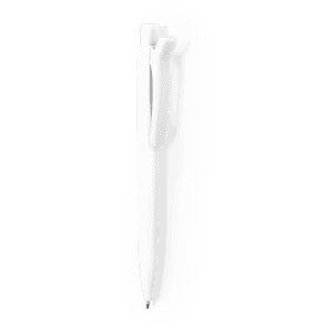 A white plastic pen with a simple design and a clip for easy attachment.