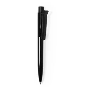 A black plastic pen with a clip, featuring a sleek design and a logo on the barrel.
