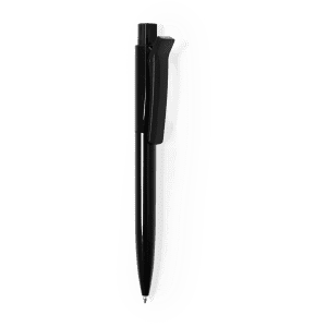 A black plastic pen with a clip and a smooth barrel design. It features a logo on the side.