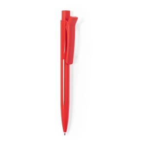 A red plastic pen with a clip and a sleek design, featuring a logo on the barrel.