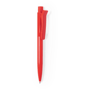 A red plastic pen with a retractable mechanism and a clip on the side, featuring a logo.