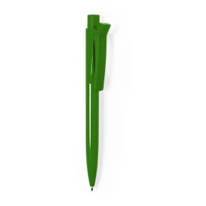 A green plastic pen with a clip and a branding logo on the barrel.