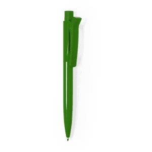 A plastic pen in bright green, featuring a simple design with a clip and a smooth barrel.