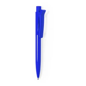 A blue plastic pen with a distinctive clip and a smooth barrel design. It features a logo on its surface.