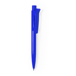 A blue plastic pen with a clip and fine tip, featuring a branding logo.