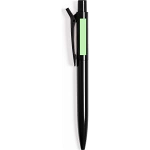 A black plastic pen with a green clip and a blank area for a logo or branding.