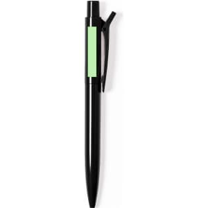 A black plastic pen with a green accent and a clip. It features a logo on the body.