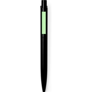 A black plastic pen with a green accent section, featuring a logo.