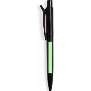 A black plastic pen with a mint green section, featuring a clip and a branding logo.