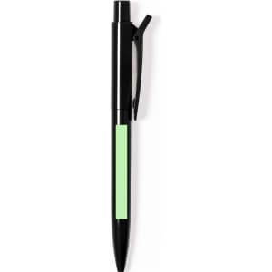 A plastic pen in black with a green section for personalisation. It features a clip for easy attachment.