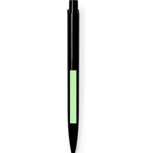 A black plastic pen featuring a mint green accent and a logo.