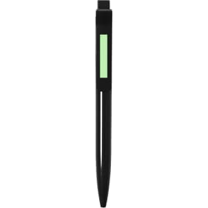 A black plastic pen with a green accent and a branding logo on the side.