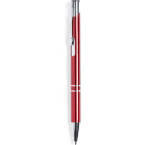 A red metal pen with a chrome clip and accents, featuring a simple design and branding.